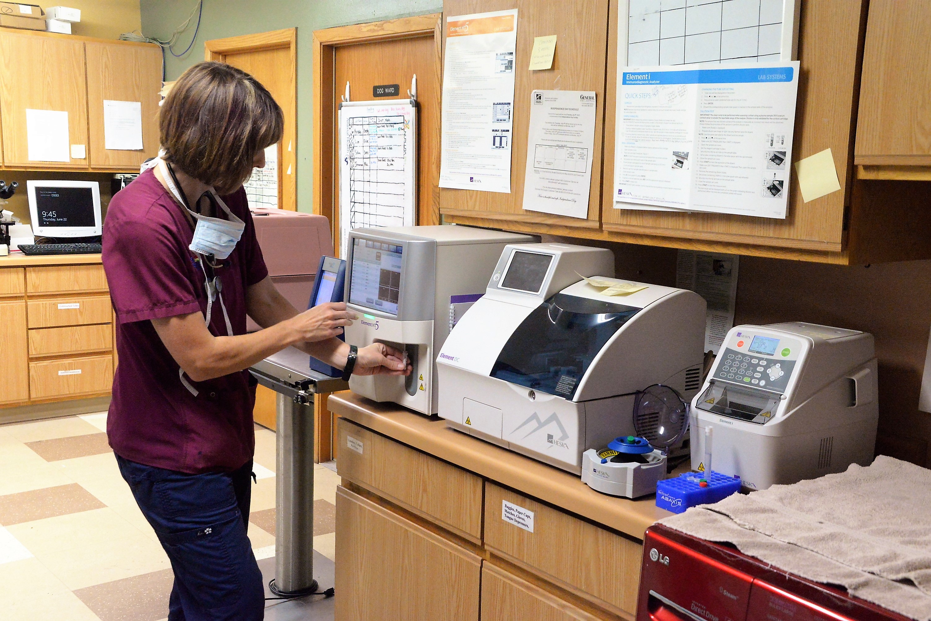 Our laboratory equipment is state-of-the-art and allows us to run blood chemistries, complete blood counts, electrolytes and many other tests right here in the hospital. Blood chemistry changes within 6 hours, having these test available in minutes allows